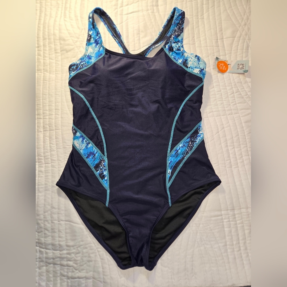 NWT MY CHARMO BLUE WHITE SWIM SUIT. WOMEN'S SIZE XL BUILT IN SUPPORT